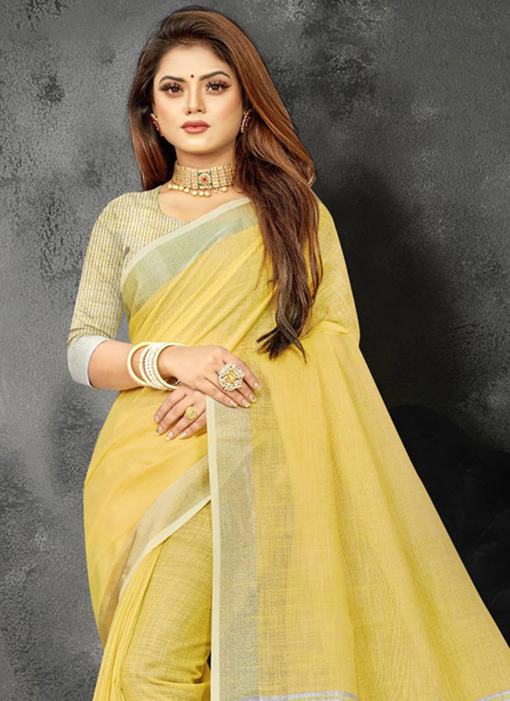 Shree Shyam Fashion Elegant Yellow Woven Linen Saree with Contrast Zari Border & Tassels - Soft & Breathable Party Wear