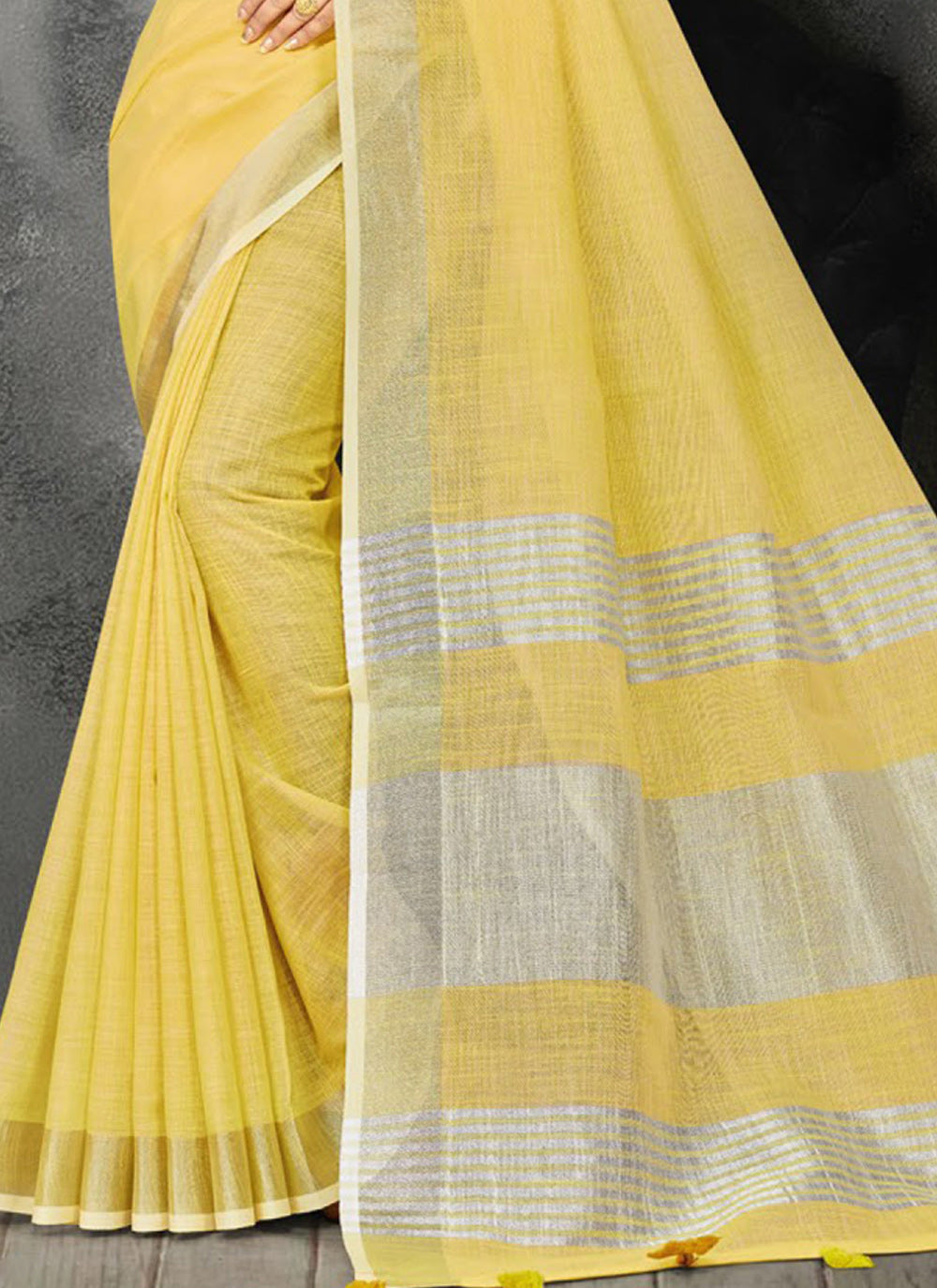 Shree Shyam Fashion Elegant Yellow Woven Linen Saree with Contrast Zari Border & Tassels - Soft & Breathable Party Wear