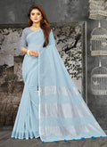 Shree Shyam Fashion Elegant Sky Blue Woven Linen Saree with Contrast Zari Border & Tassels - Soft & Breathable Party Wear