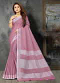 Shree Shyam Fashion Elegant Mauve Woven Linen Saree with Contrast Zari Border & Tassels - Soft & Breathable Party Wear