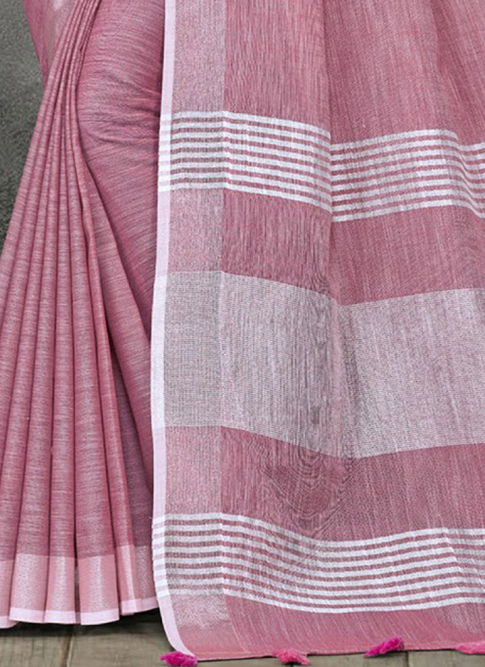 Shree Shyam Fashion Elegant Mauve Woven Linen Saree with Contrast Zari Border & Tassels - Soft & Breathable Party Wear