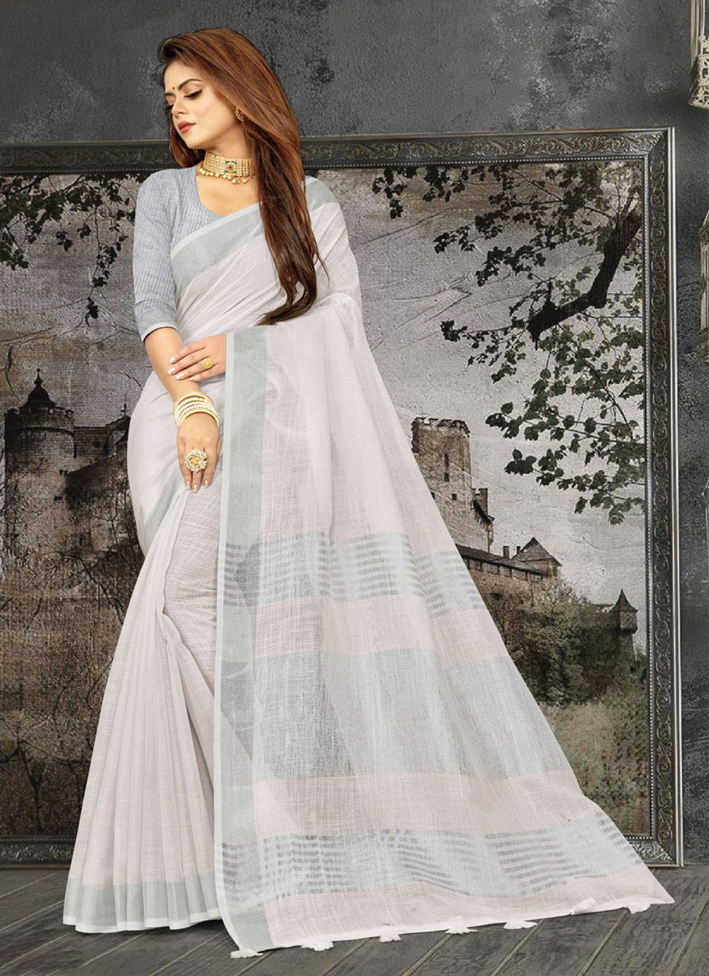 Shree Shyam Fashion Elegant White Woven Linen Saree with Contrast Zari Border & Tassels - Soft & Breathable Party Wear