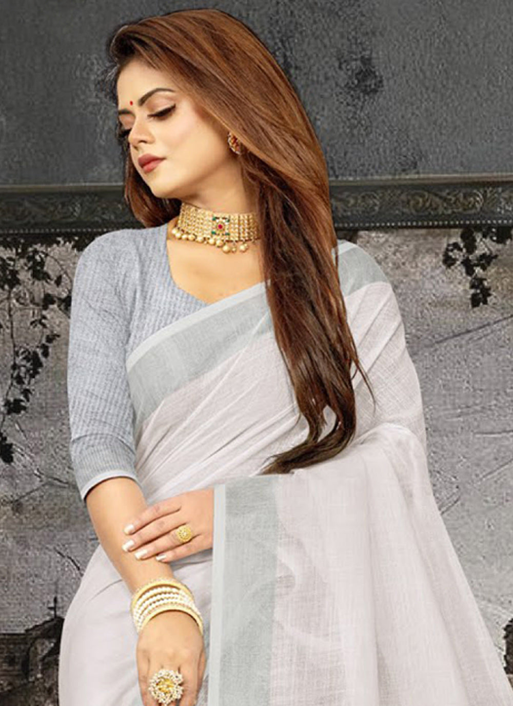 Shree Shyam Fashion Elegant White Woven Linen Saree with Contrast Zari Border & Tassels - Soft & Breathable Party Wear