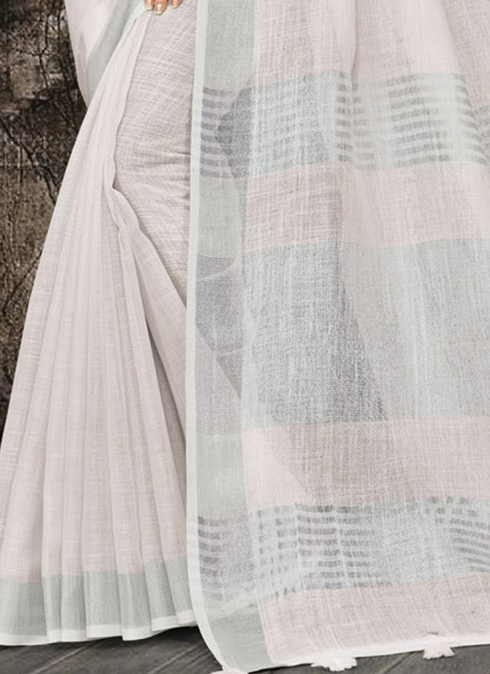 Shree Shyam Fashion Elegant White Woven Linen Saree with Contrast Zari Border & Tassels - Soft & Breathable Party Wear