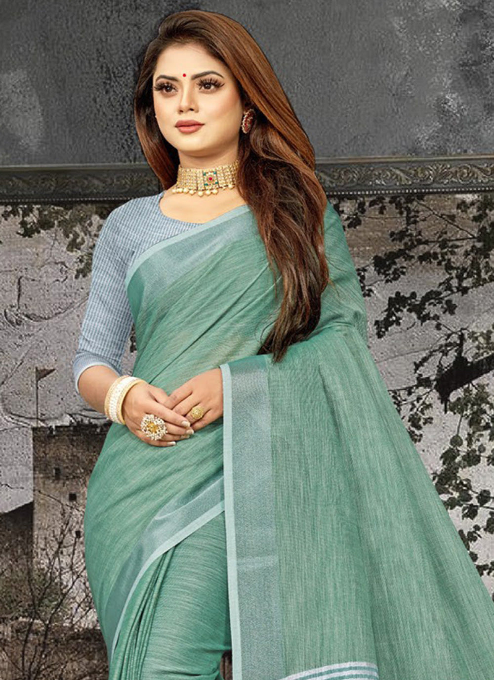 Shree Shyam Fashion Elegant Sea Green Woven Linen Saree with Contrast Zari Border & Tassels - Soft & Breathable Party Wear