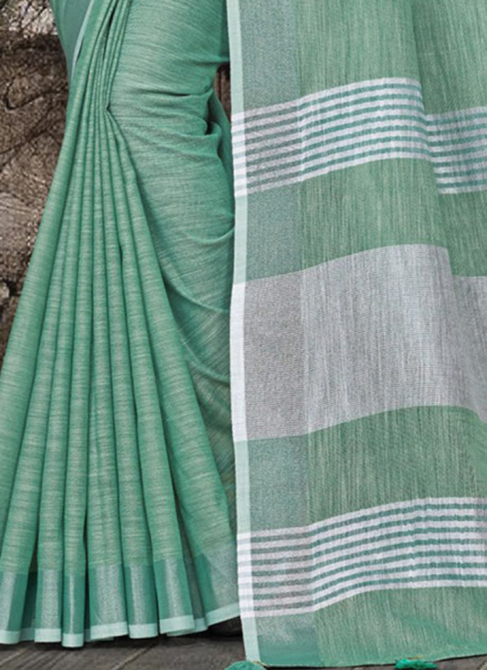 Shree Shyam Fashion Elegant Sea Green Woven Linen Saree with Contrast Zari Border & Tassels - Soft & Breathable Party Wear
