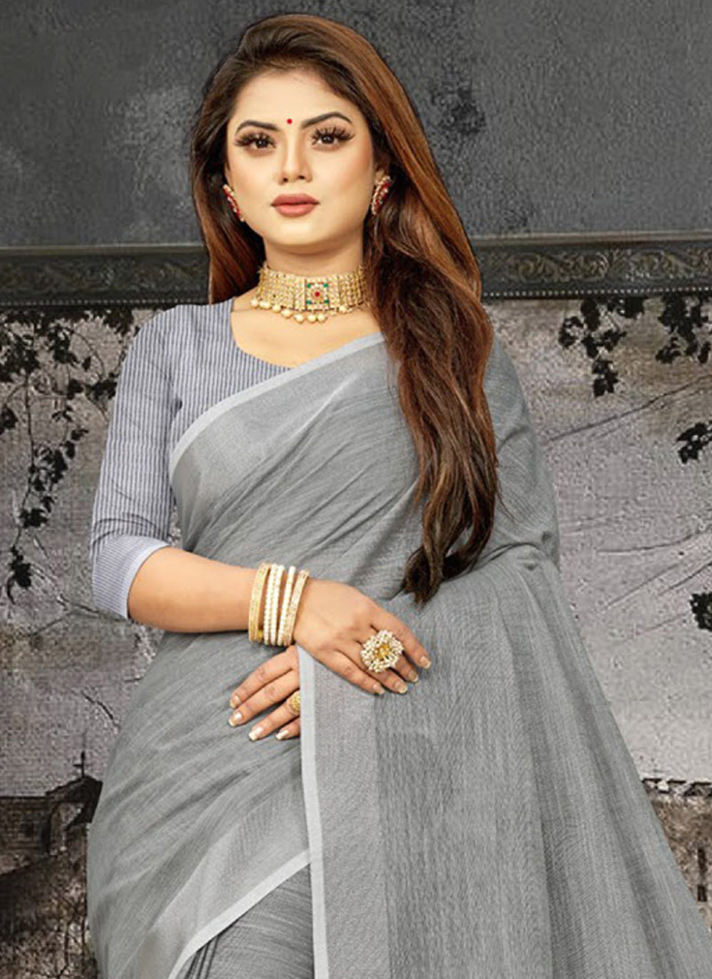 Shree Shyam Fashion Elegant Dark Grey Woven Linen Saree with Contrast Zari Border & Tassels - Soft & Breathable Party Wear
