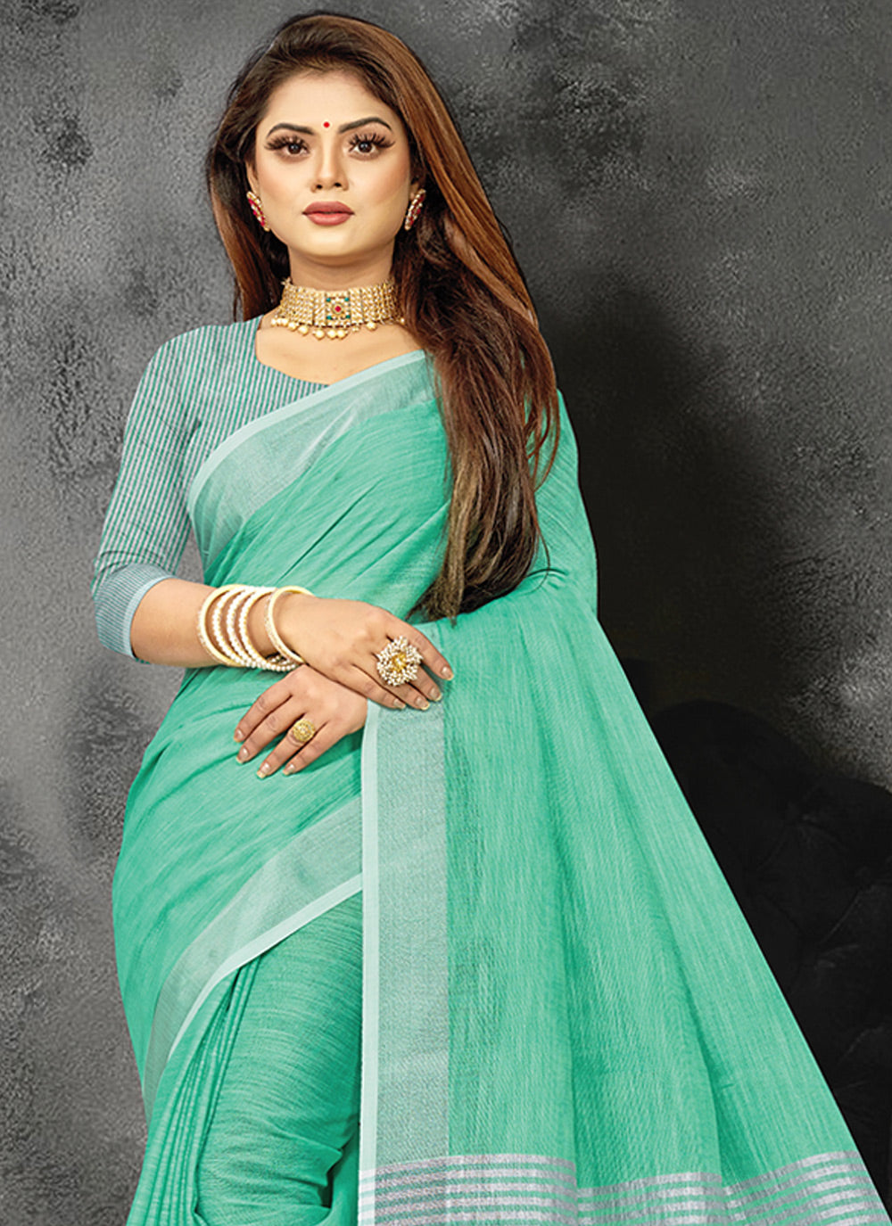 Shree Shyam Fashion Elegant Turquoise Woven Linen Saree with Contrast Zari Border & Tassels - Soft & Breathable Party Wear