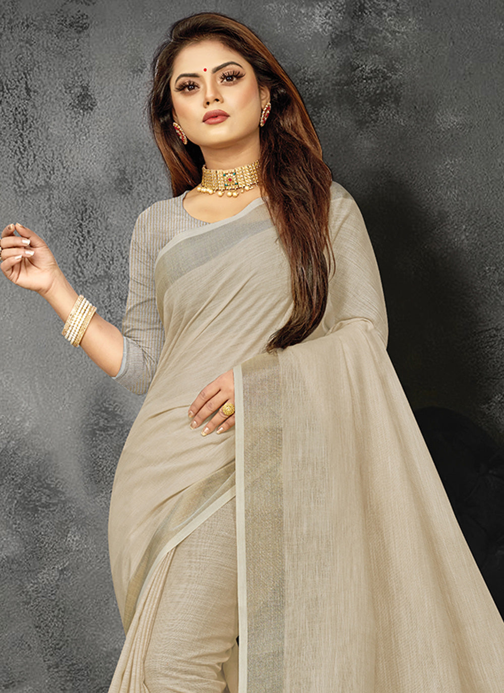 Shree Shyam Fashion Elegant Cream Woven Linen Saree with Contrast Zari Border & Tassels - Soft & Breathable Party Wear
