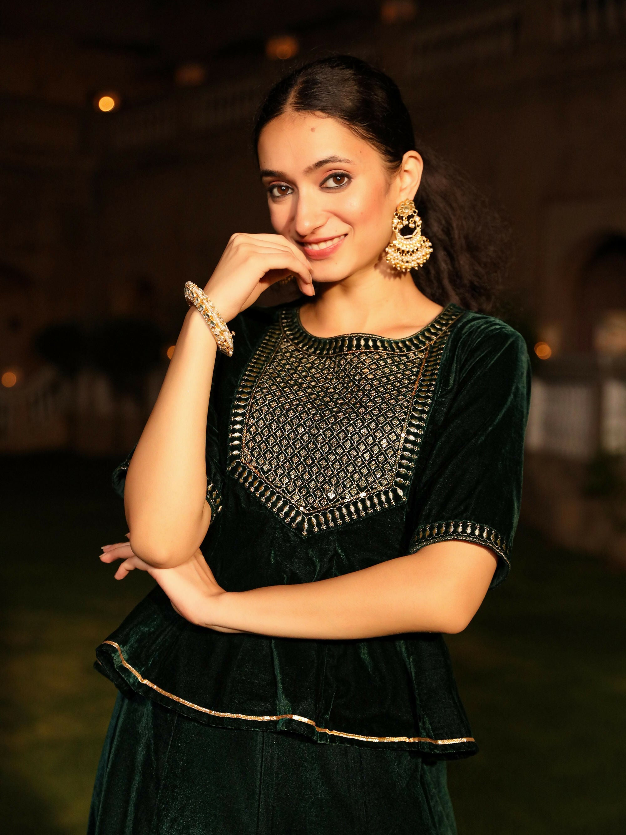 Juniper Women's The Sunehri Green Zari Embroidered Velvet Top & Skirt Set With Sequins & Lace