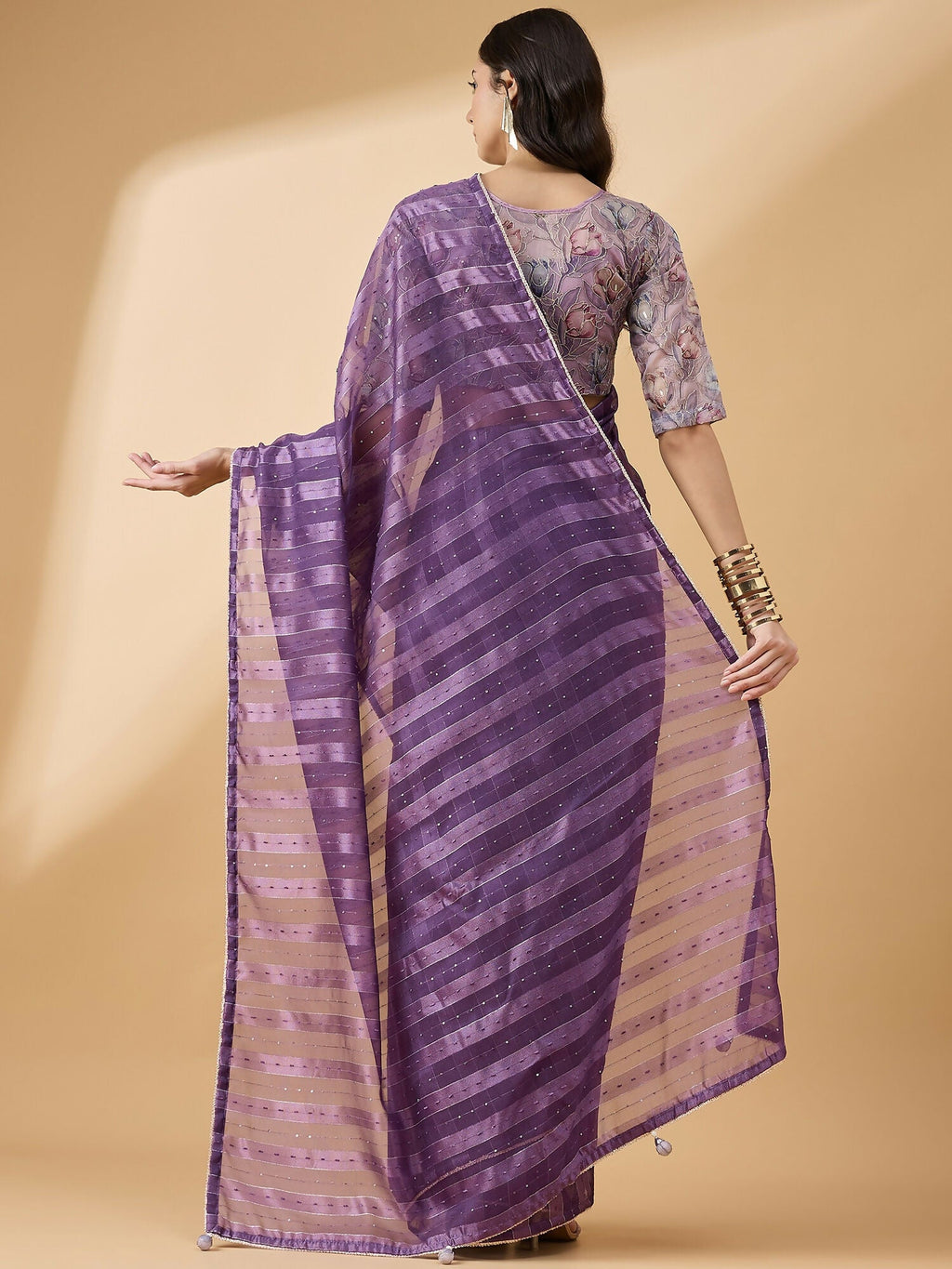 Purple Cotton Blend Sequence Work Saree with Stitched Blouse - Dharavi