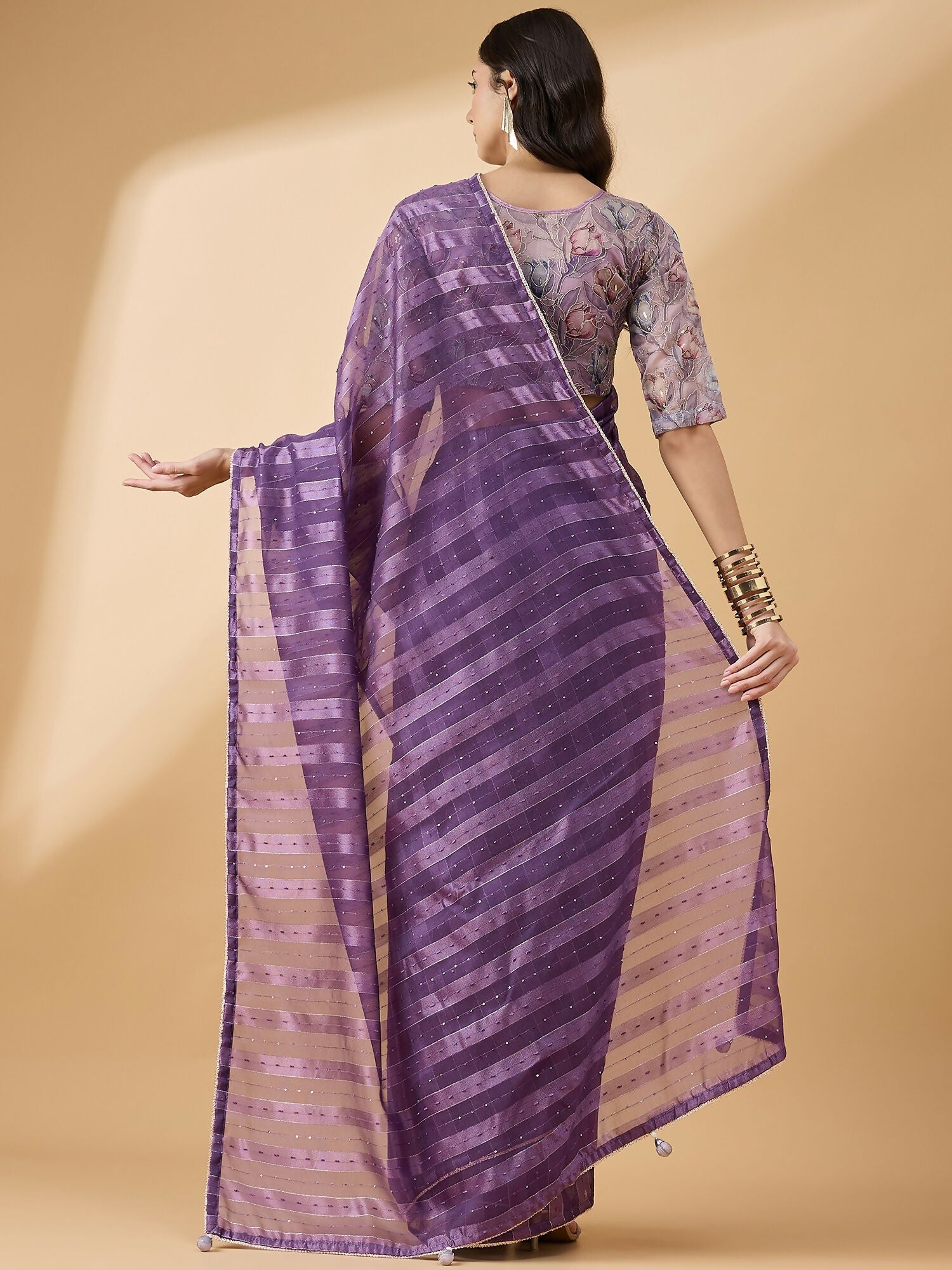 Purple Cotton Blend Sequence Work Saree with Stitched Blouse - Dharavi