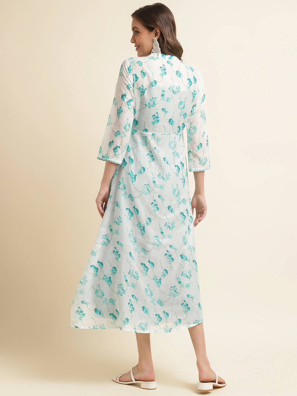 Light Blue Cotton Solid Flared Dress with Printed Shrug - Yukti
