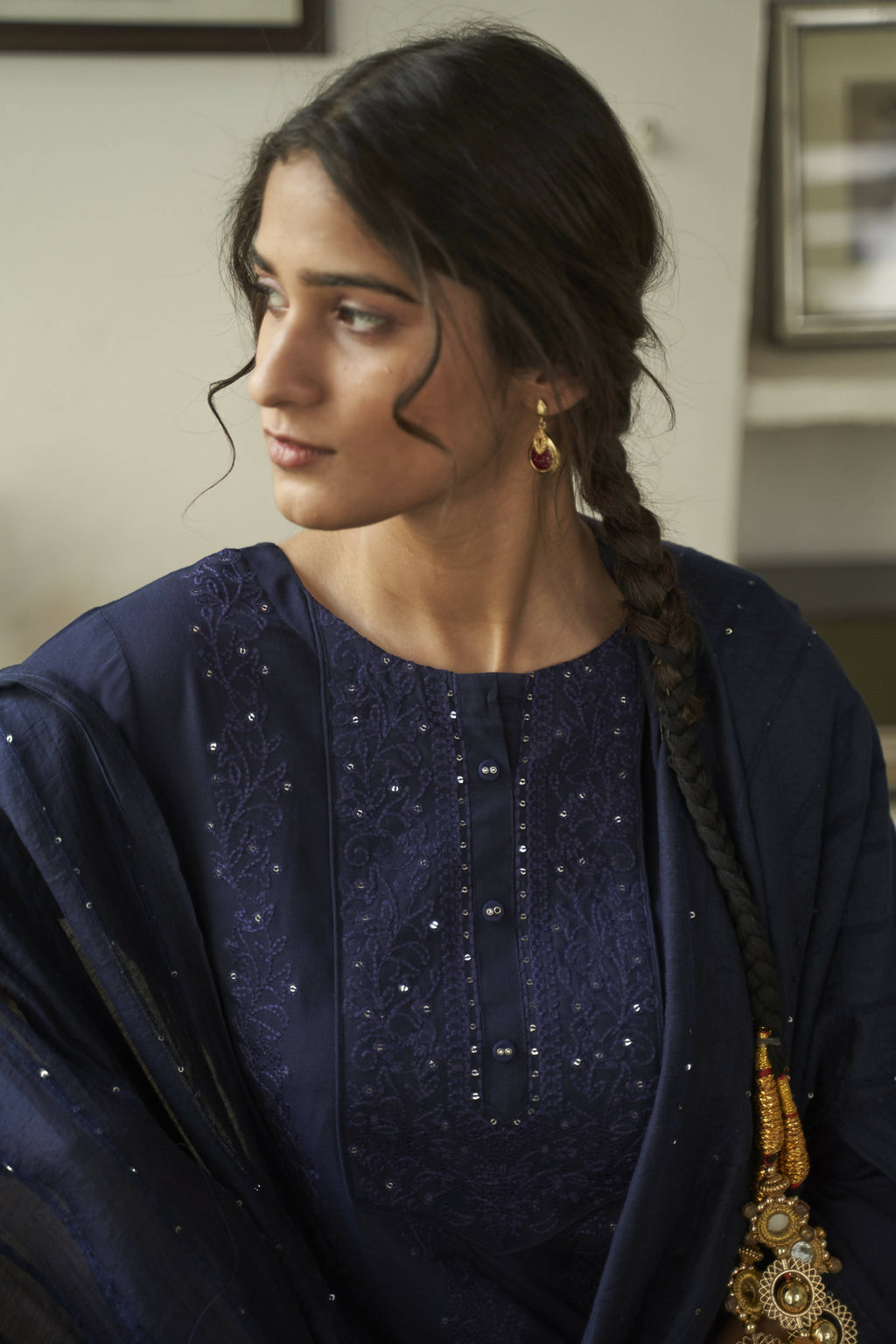 Navy Blue Rayon Sequence Embroidery work Straight kurta with Pant & Dupatta - Akashara