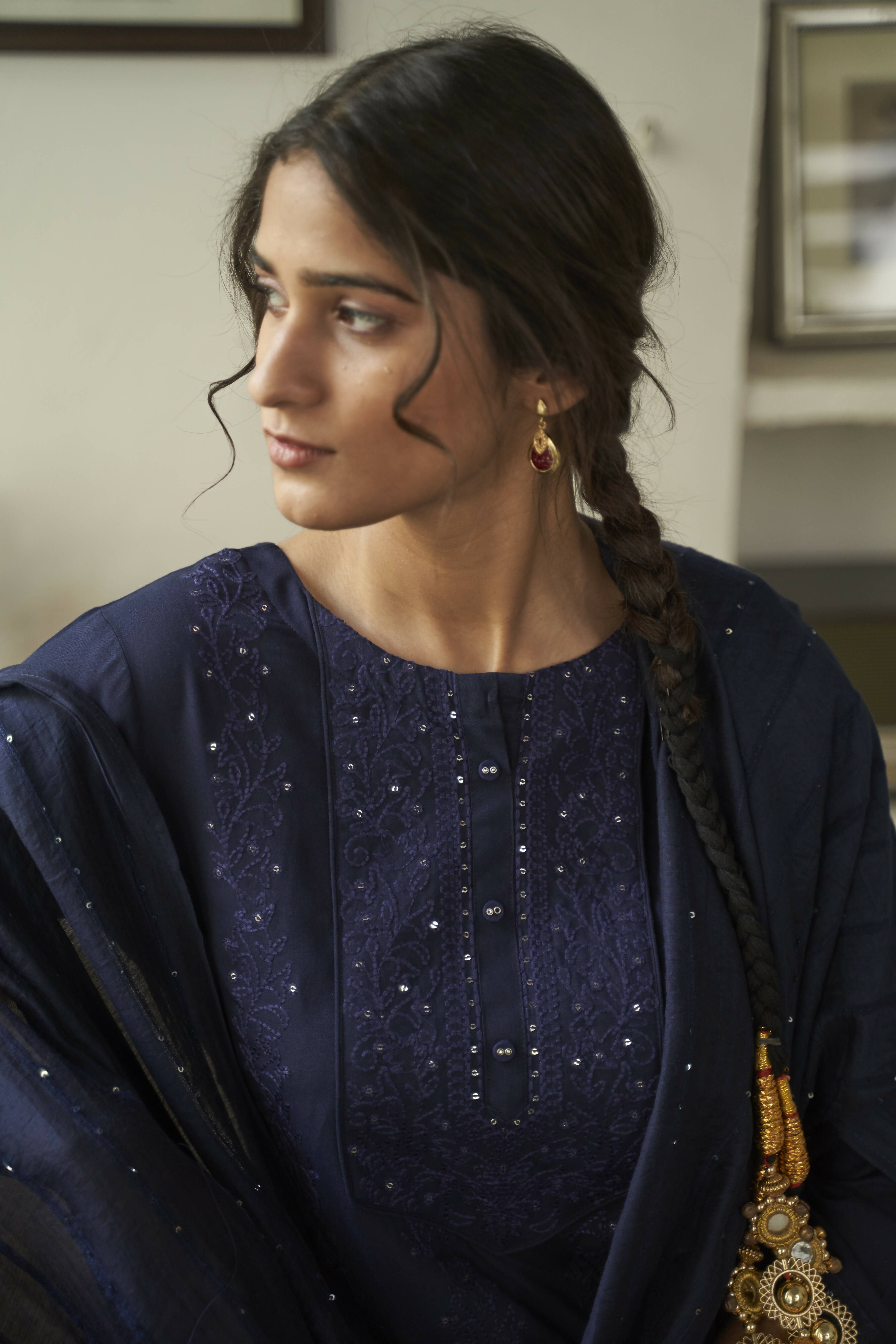Navy Blue Rayon Sequence Embroidery work Straight kurta with Pant & Dupatta - Akashara