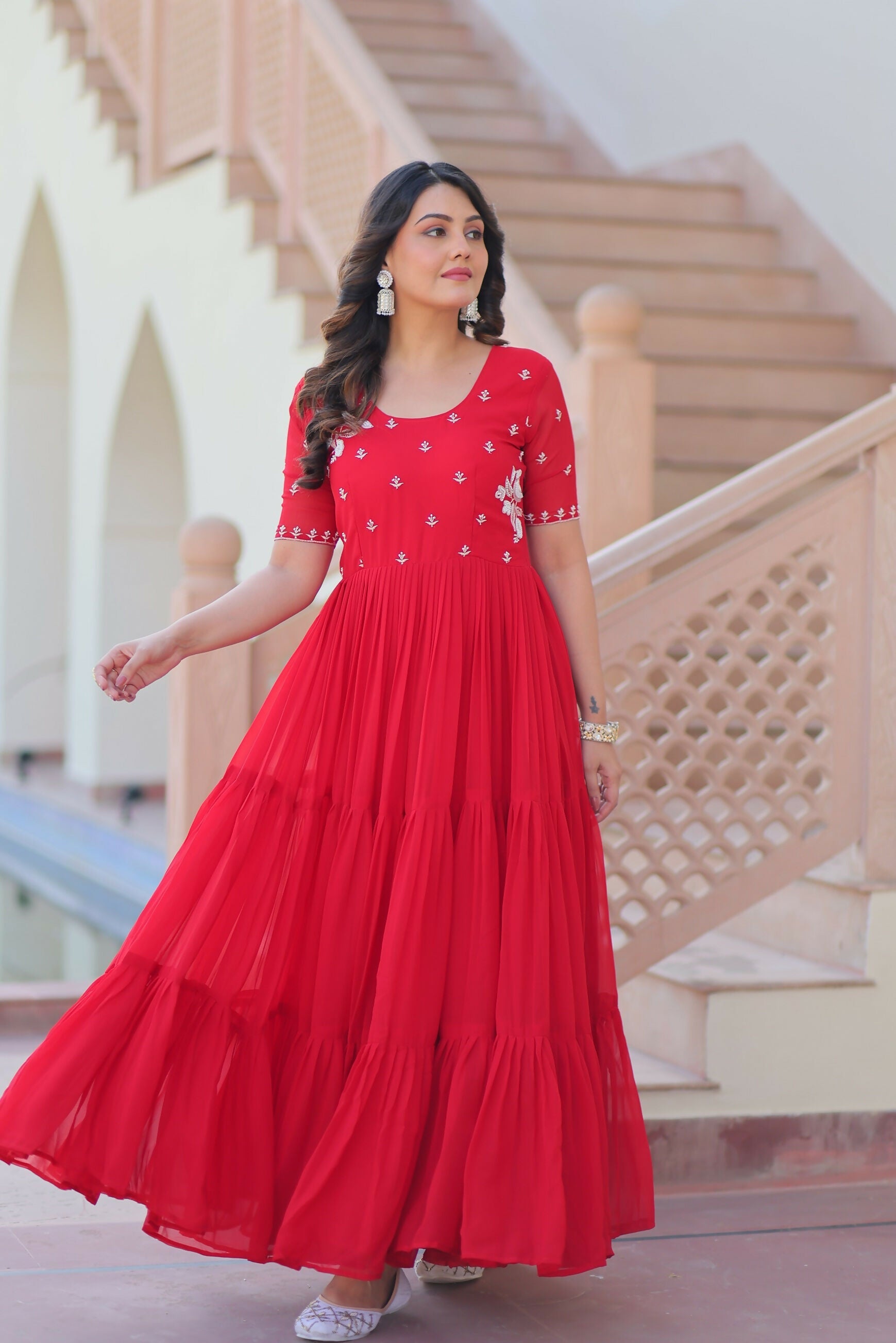 Joban Fashion Red Georgette Sequence Embroidery Work Gown