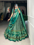 Vastranavya Floral Print With Foil Print Tussar Silk Lehenga with Unstitched Blouse - Sea Green