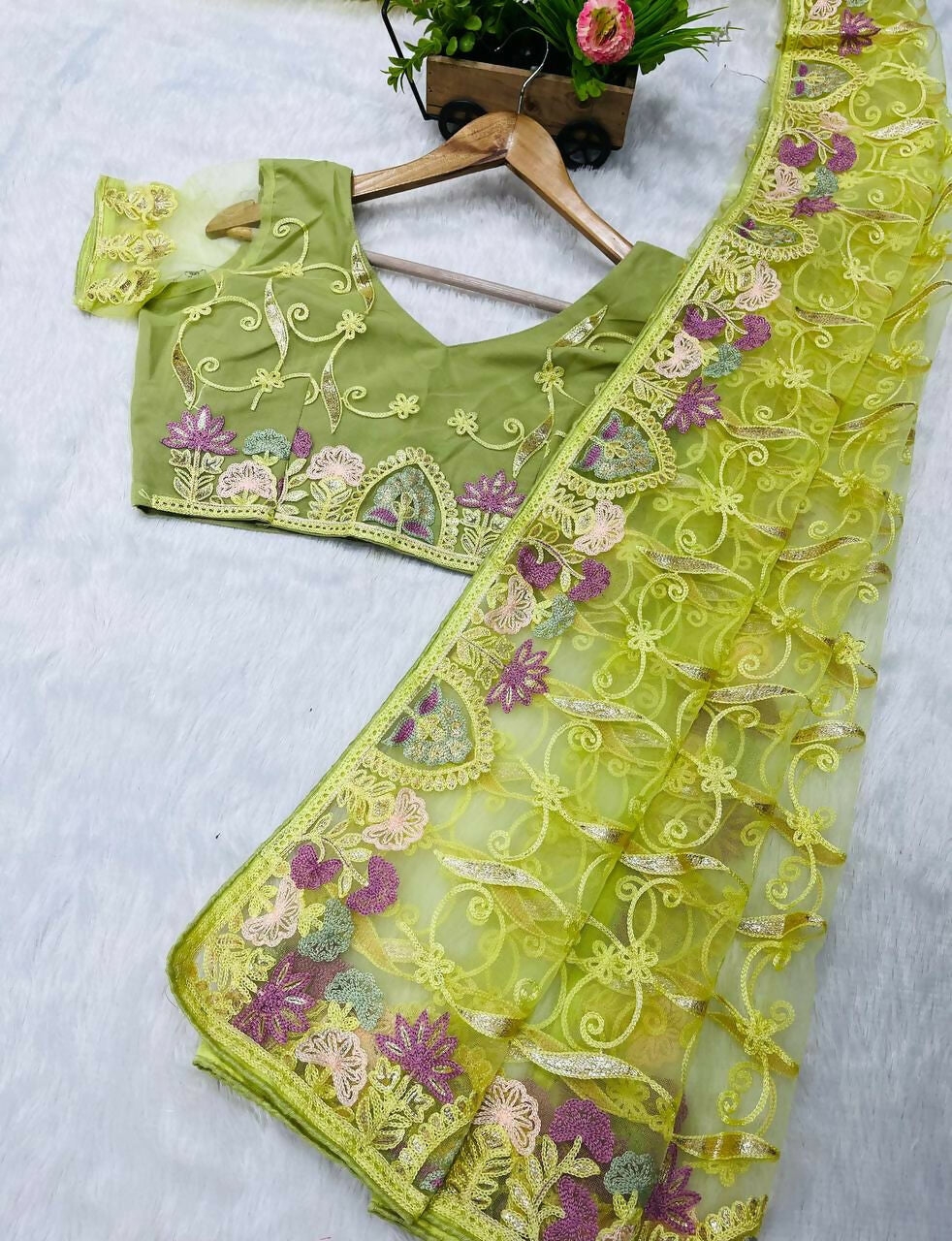 Vastranavya Soft Crush Georgette With Embroidery and Foil Multi Thread Work Saree - Light olive