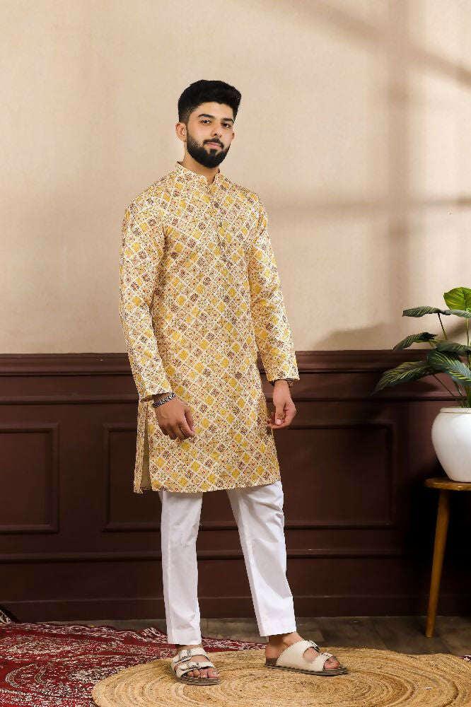 Mustard Art Silk Digital Printed, Embroidery Work Kurta Set - Mahotsav