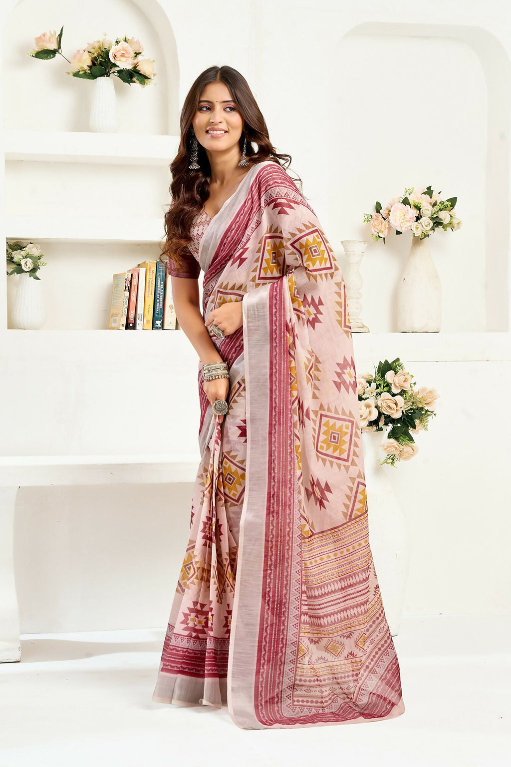 Vastranavya White Maroon Digital Printed Linen Ready To Wear Designer Saree with Unstitched Blouse