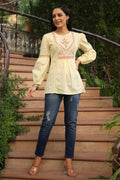 Juniper Women's Lemon Cotton Dobby Solid Embroidered Straight Tunic