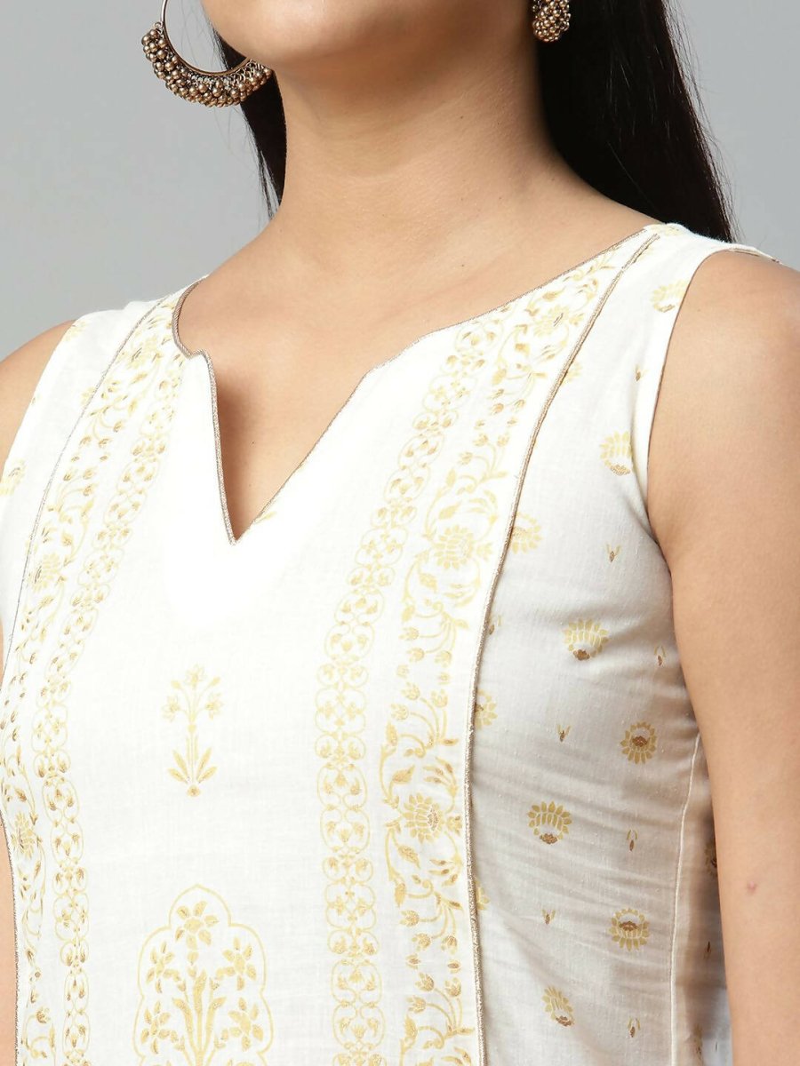 Ahalyaa Womens Off White Pure Cotton Printed Kurta Pant Set