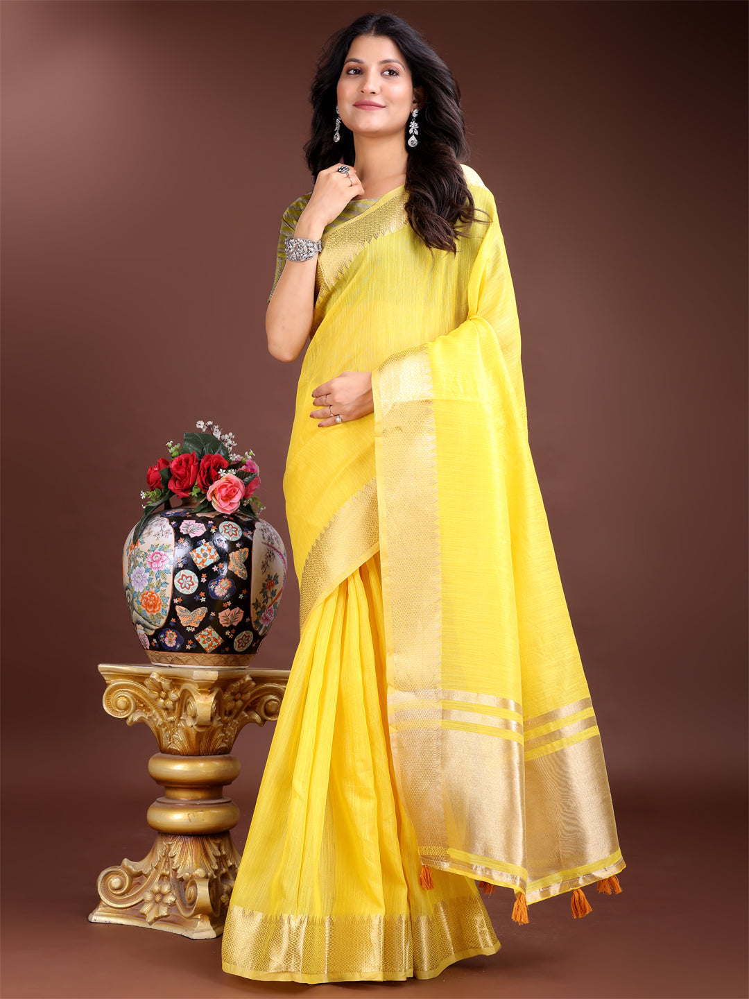 Shree Shyam Fashion Yellow Cotton Woven Zari Work Traditional Tassel Saree