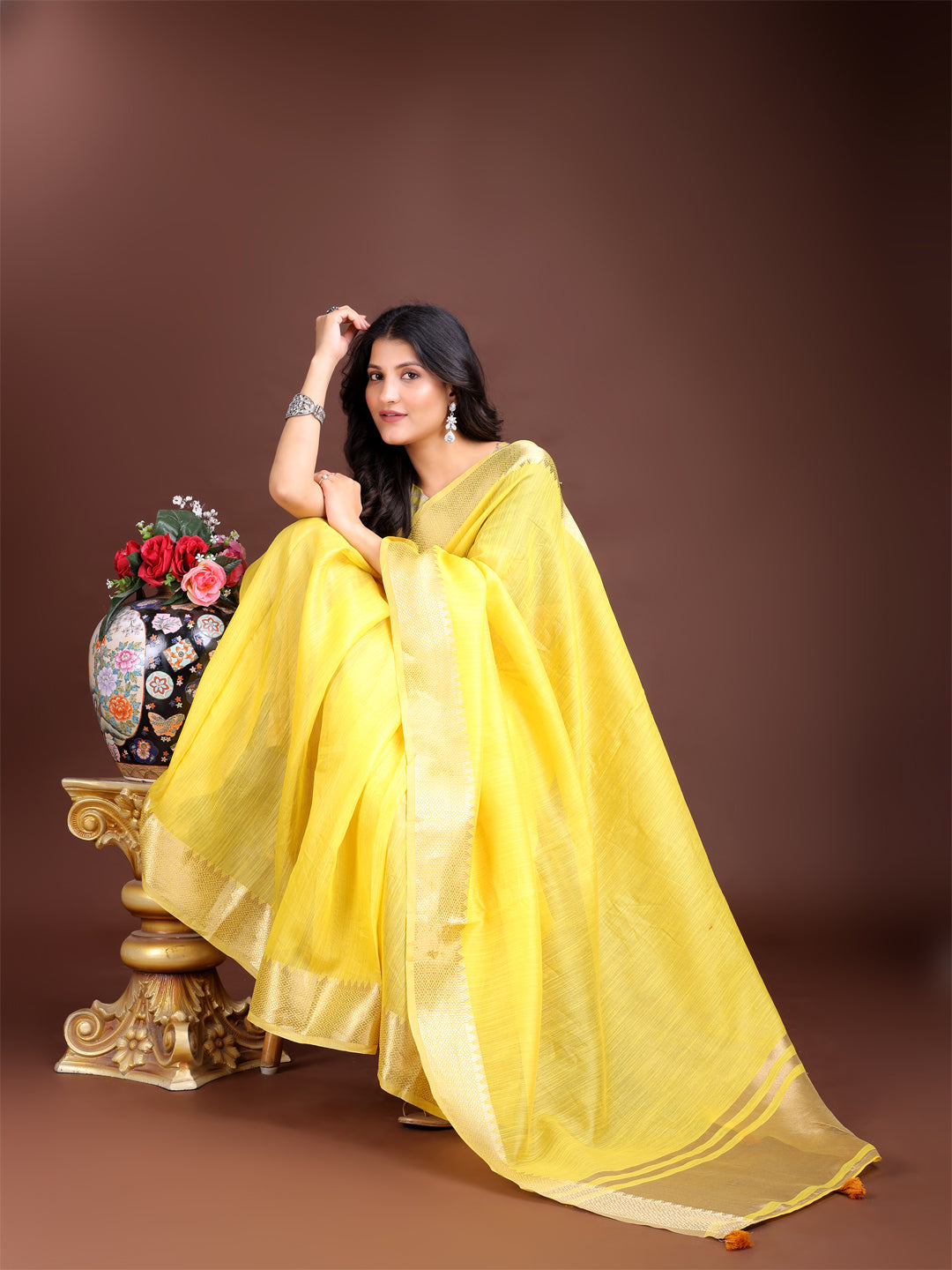 Shree Shyam Fashion Yellow Cotton Woven Zari Work Traditional Tassel Saree