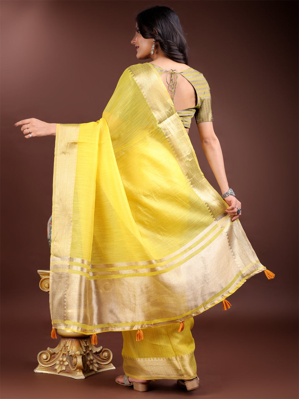 Shree Shyam Fashion Yellow Cotton Woven Zari Work Traditional Tassel Saree