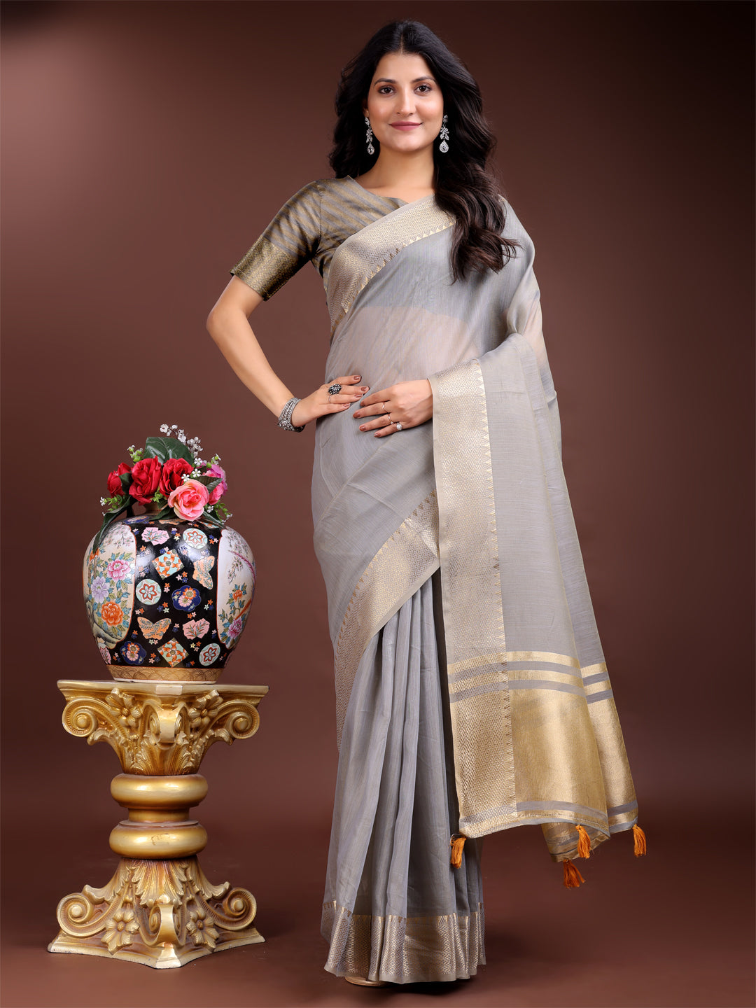 Shree Shyam Fashion Grey Cotton Woven Zari Work Traditional Tassel Saree