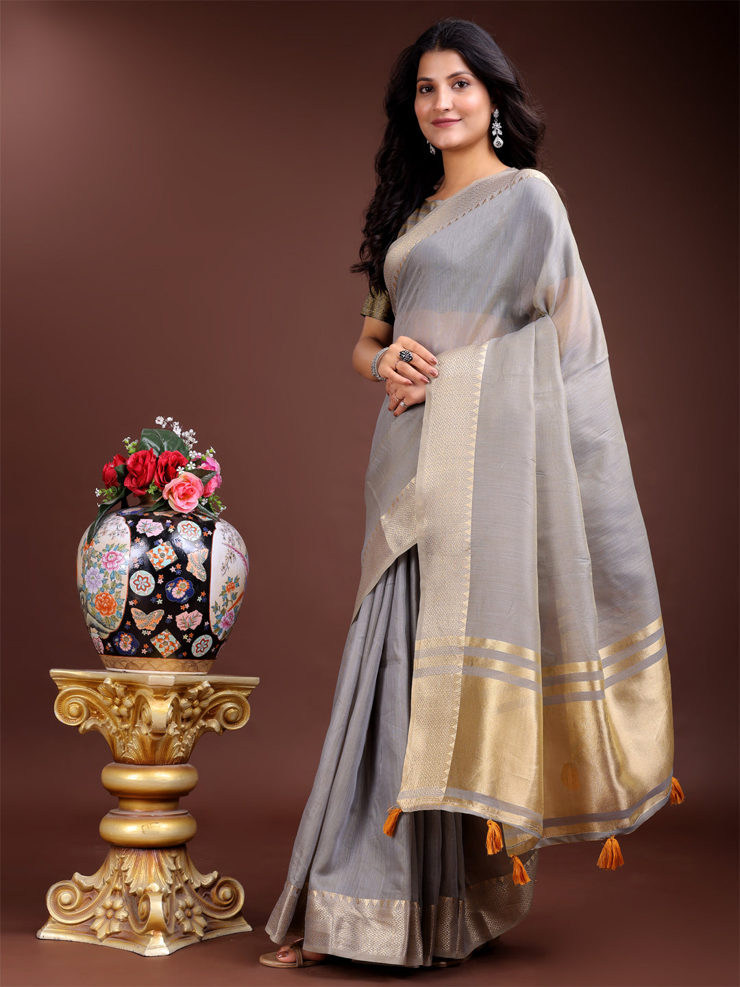 Shree Shyam Fashion Grey Cotton Woven Zari Work Traditional Tassel Saree