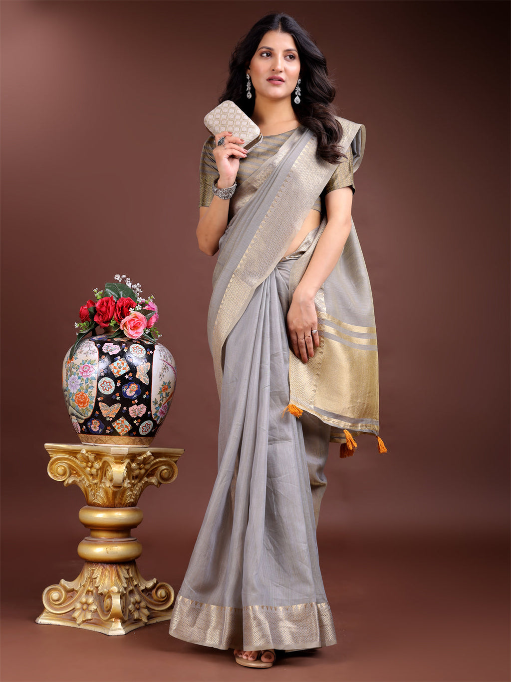 Shree Shyam Fashion Grey Cotton Woven Zari Work Traditional Tassel Saree