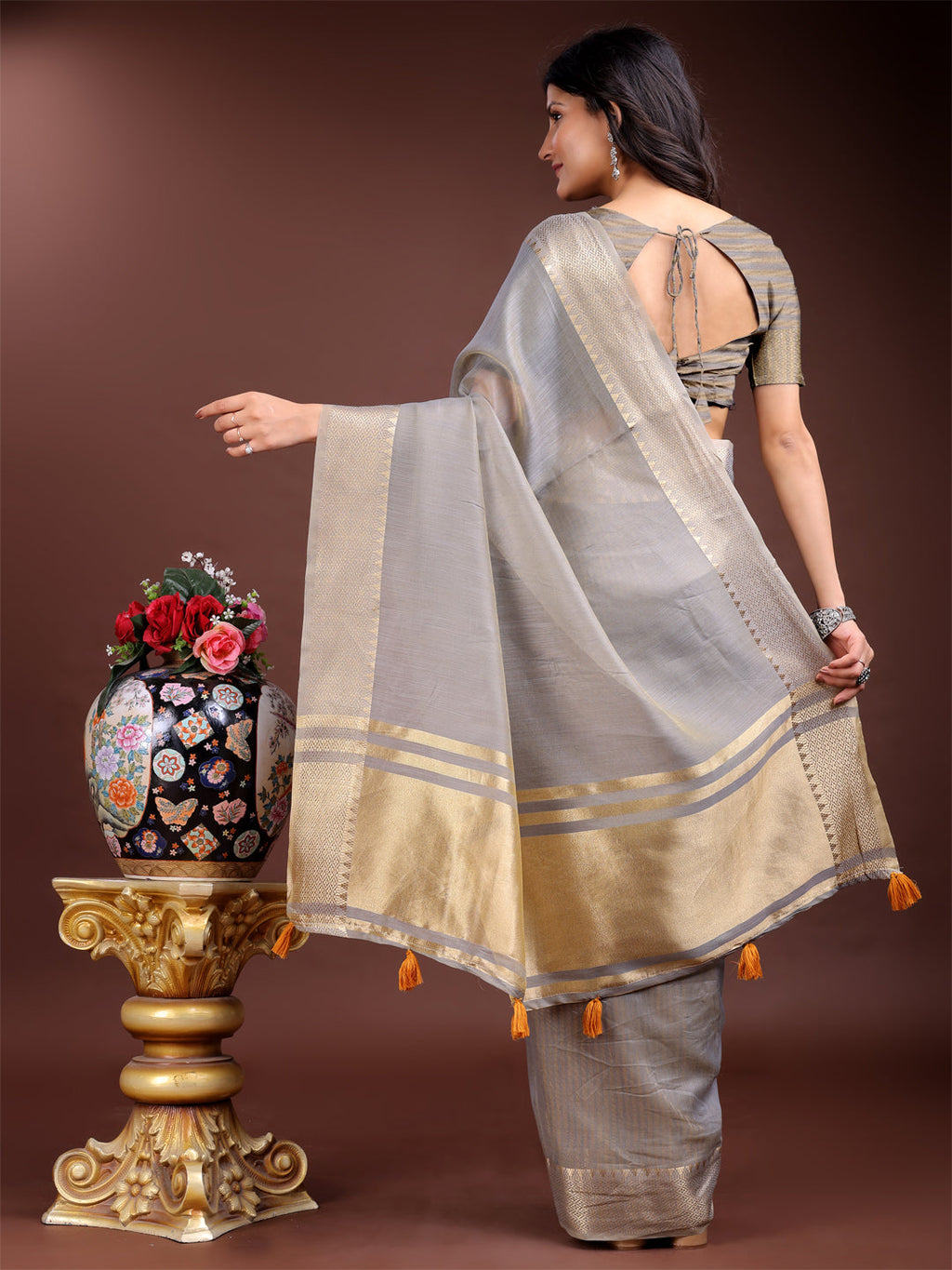 Shree Shyam Fashion Grey Cotton Woven Zari Work Traditional Tassel Saree