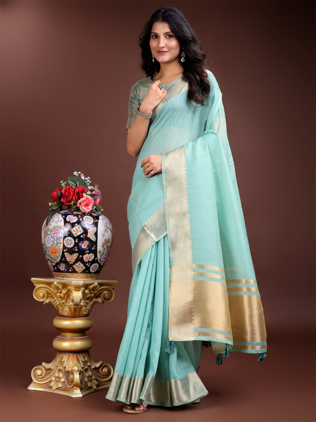 Shree Shyam Fashion Sea Green Cotton Woven Zari Work Traditional Tassel Saree