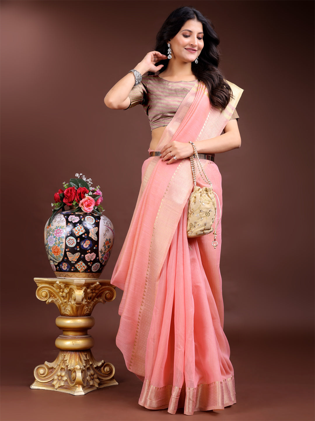 Shree Shyam Fashion Pink Cotton Woven Zari Work Traditional Tassel Saree