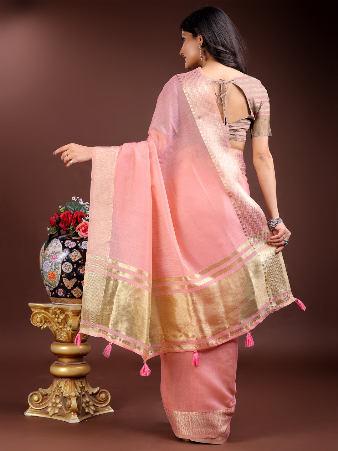Shree Shyam Fashion Pink Cotton Woven Zari Work Traditional Tassel Saree