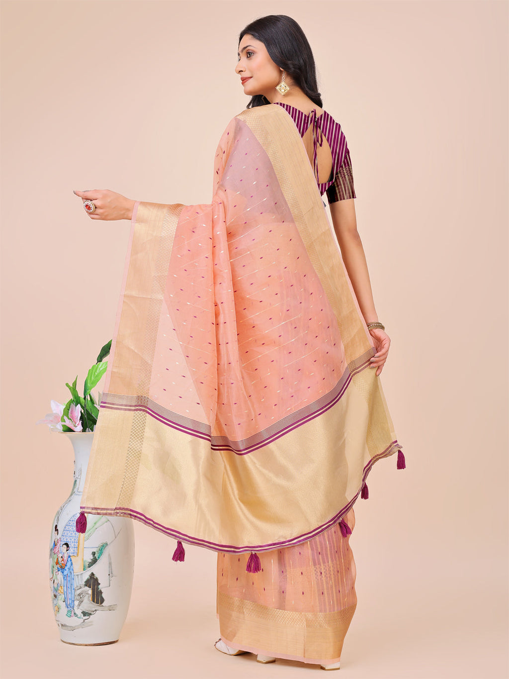 Shree Shyam Fashion Light Pink Gold Organza Silk Saree - Lightweight Luxury for Your Ethnic Moments