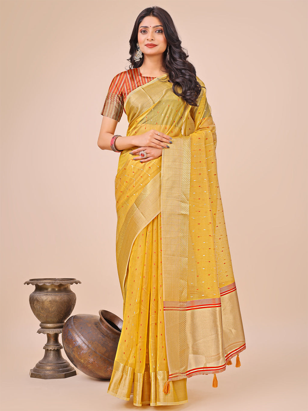 Shree Shyam Fashion Yellow Gold Organza Silk Saree - Lightweight Luxury for Your Ethnic Moments