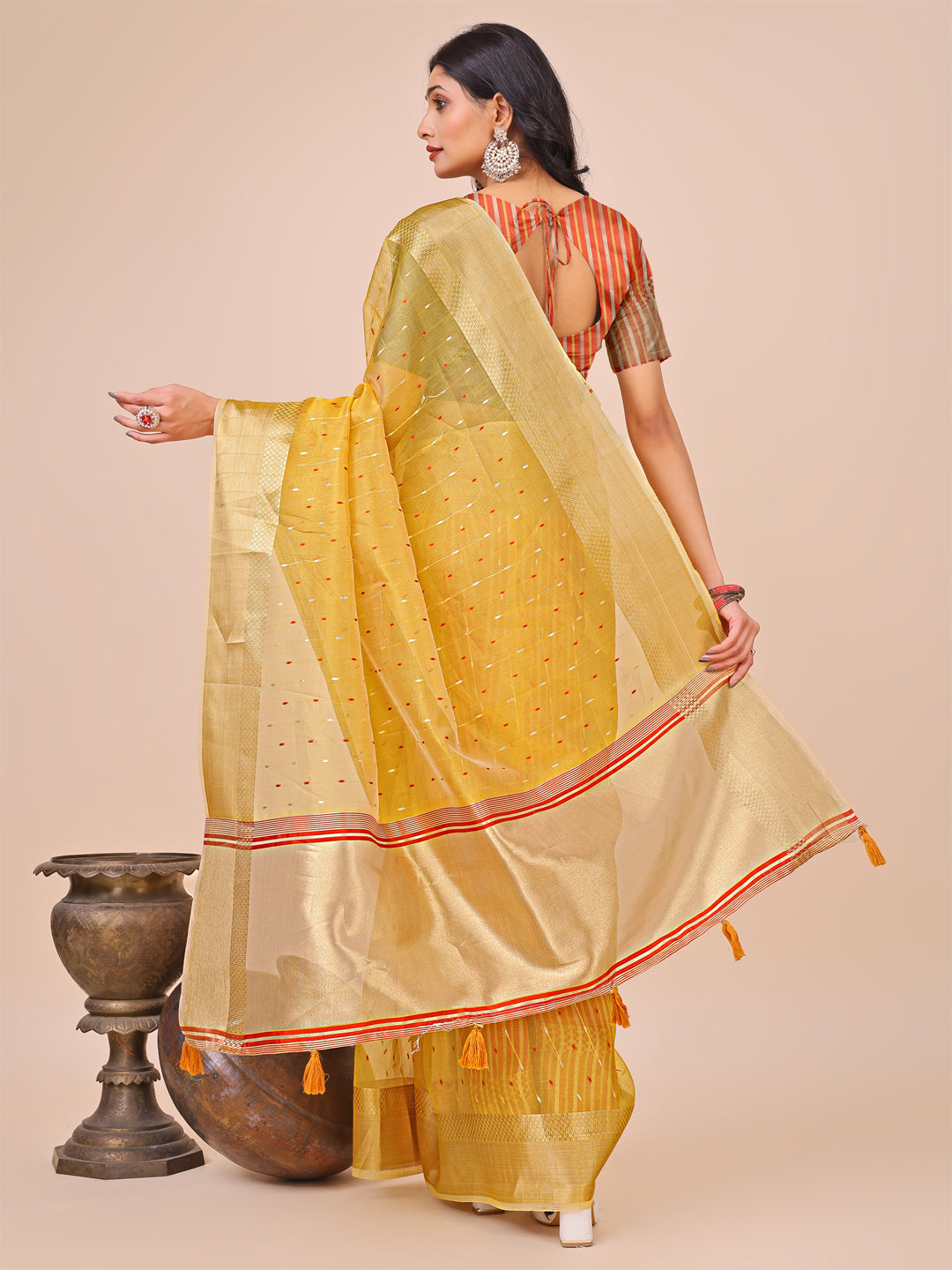 Shree Shyam Fashion Yellow Gold Organza Silk Saree - Lightweight Luxury for Your Ethnic Moments