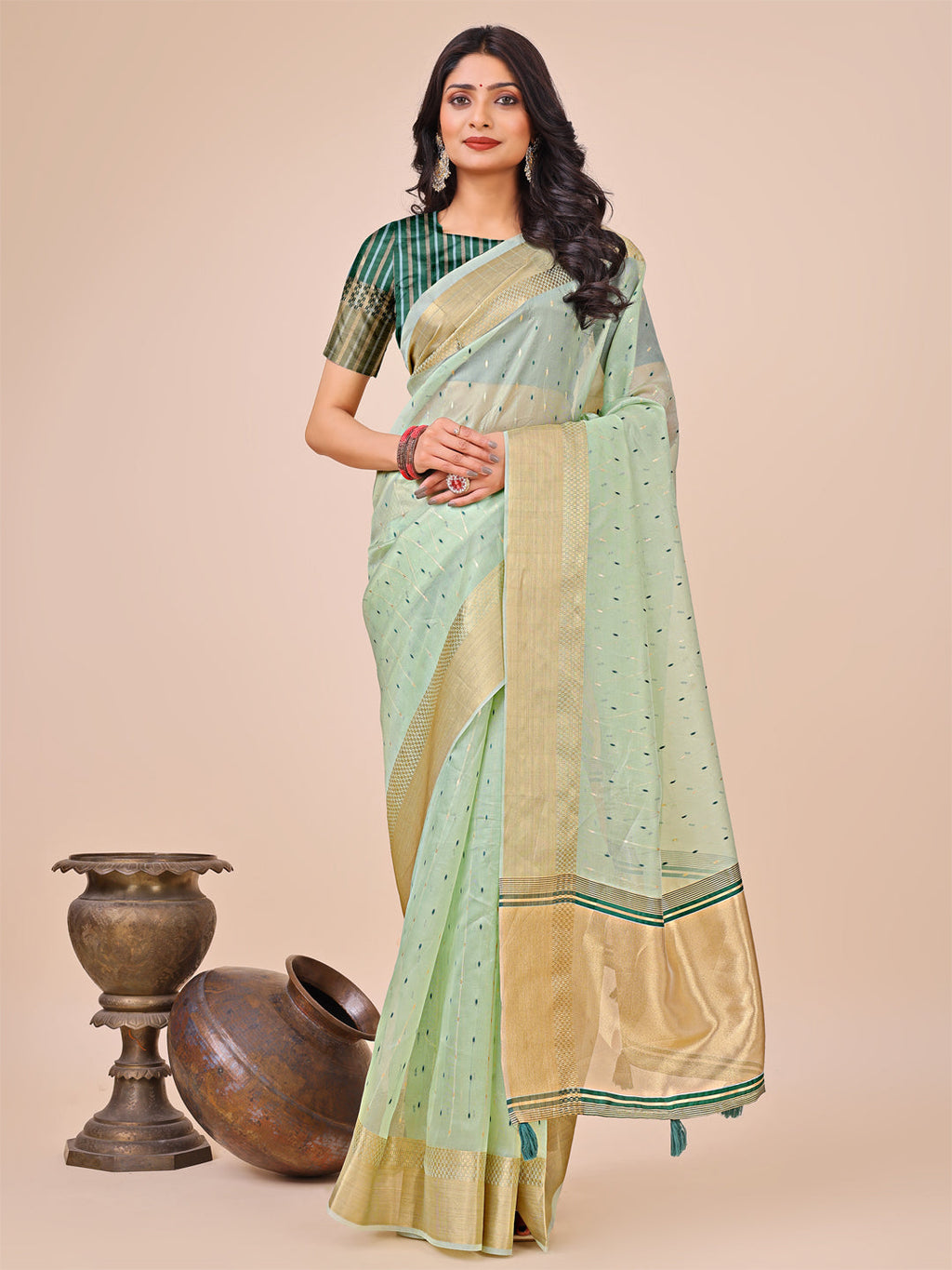 Shree Shyam Fashion Olive Green Gold Organza Silk Saree - Lightweight Luxury for Your Ethnic Moments