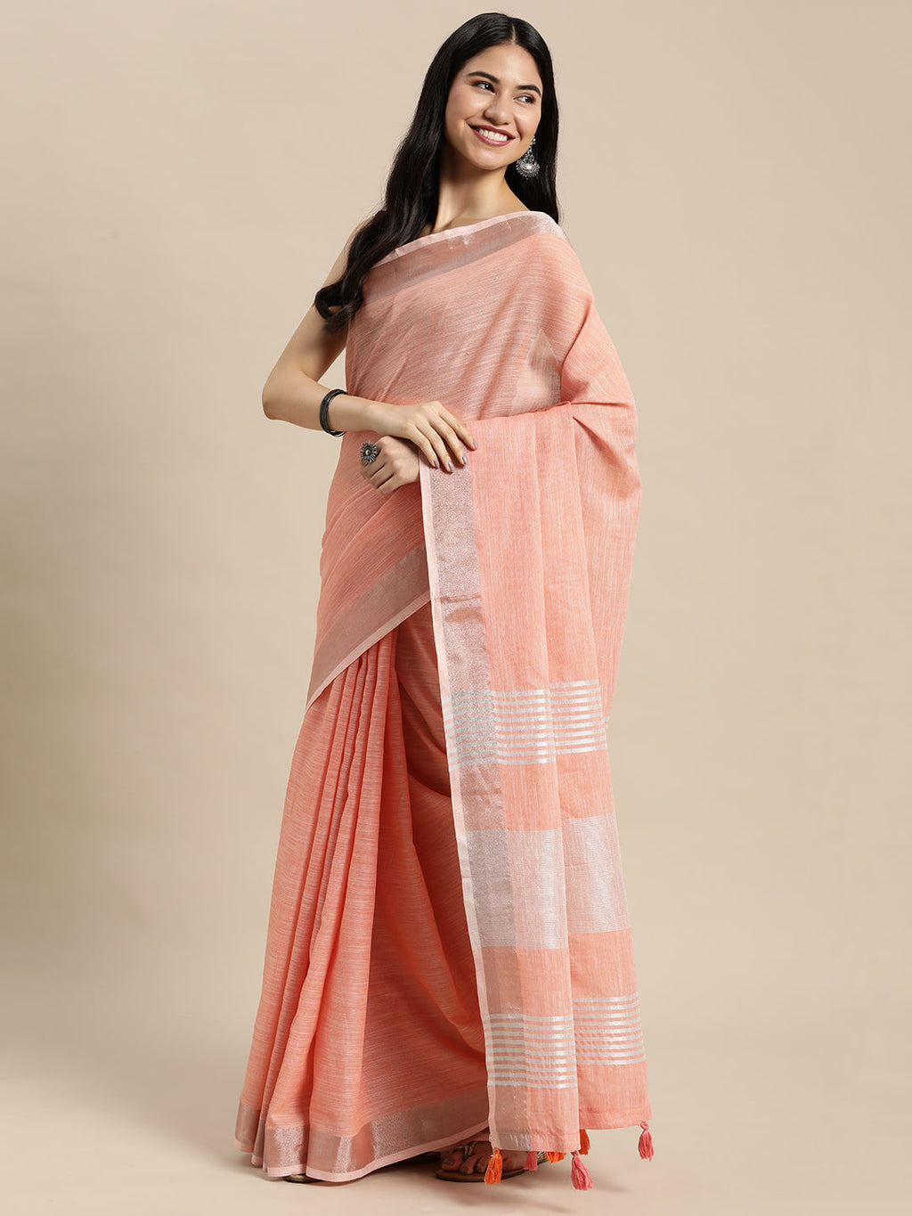 Shree Shyam Fashion Elegant Peach Woven Linen Saree with Contrast Zari Border & Tassels - Soft & Breathable Party Wear