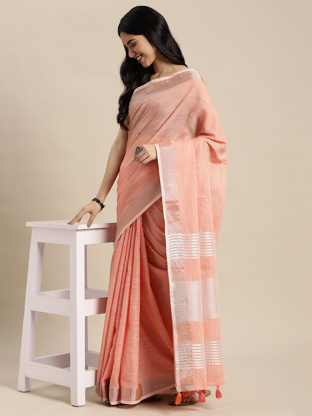 Shree Shyam Fashion Elegant Peach Woven Linen Saree with Contrast Zari Border & Tassels - Soft & Breathable Party Wear