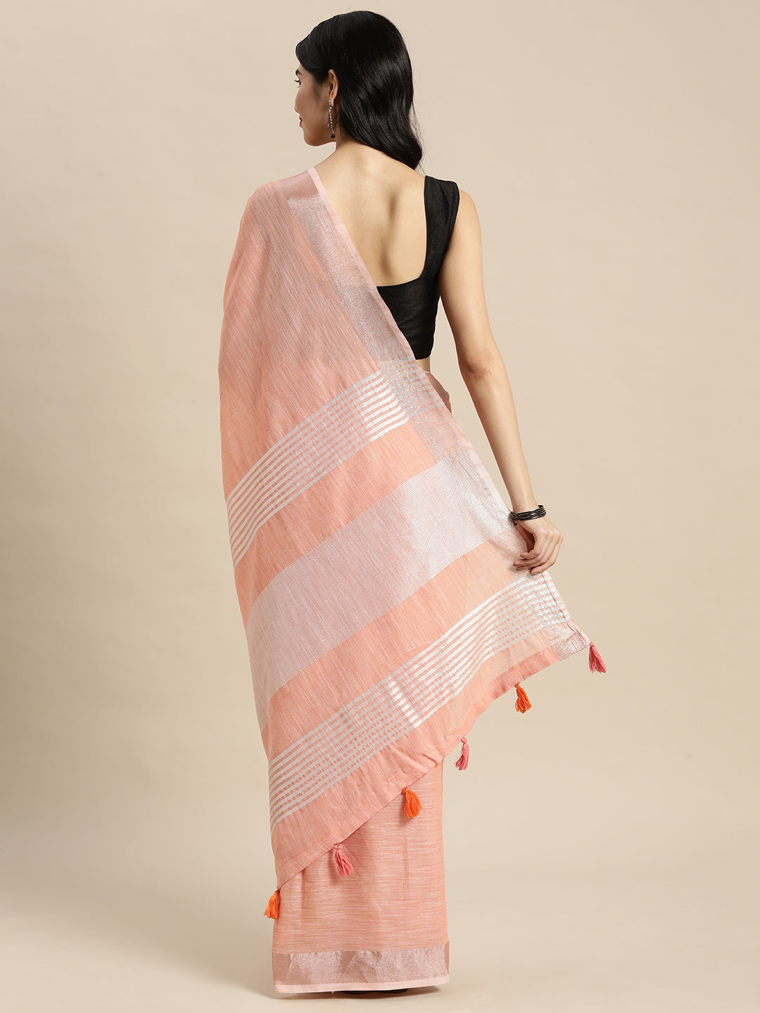 Shree Shyam Fashion Elegant Peach Woven Linen Saree with Contrast Zari Border & Tassels - Soft & Breathable Party Wear