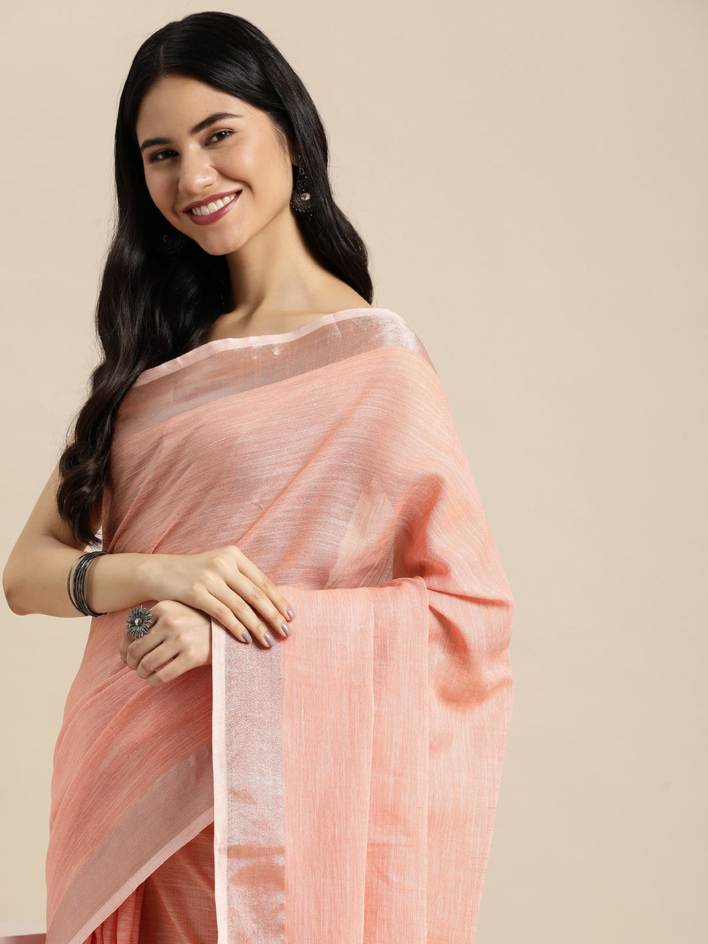 Shree Shyam Fashion Elegant Peach Woven Linen Saree with Contrast Zari Border & Tassels - Soft & Breathable Party Wear