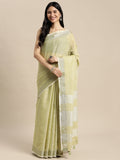 Shree Shyam Fashion Elegant Mehndi Woven Linen Saree with Contrast Zari Border & Tassels - Soft & Breathable Party Wear