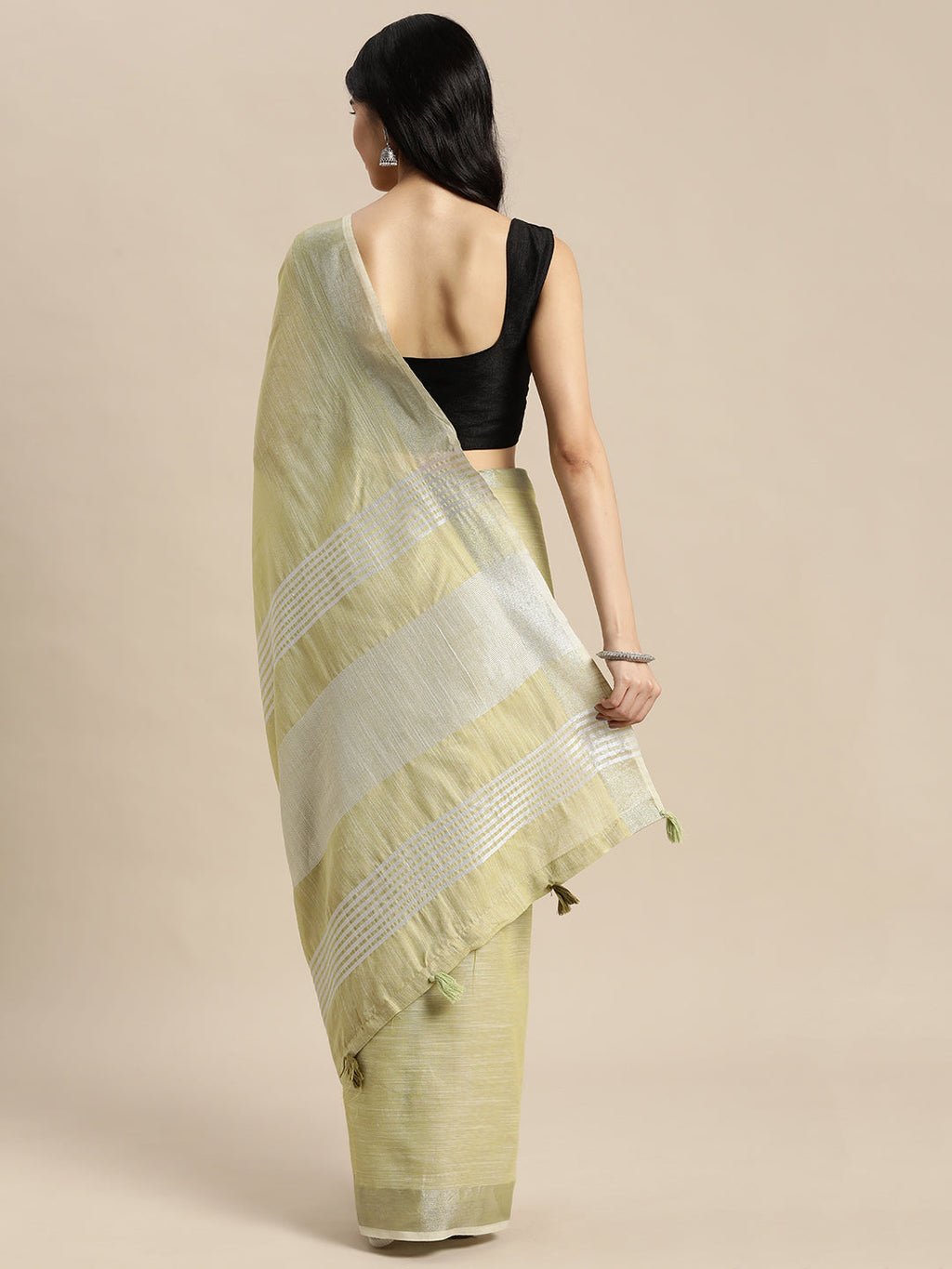 Shree Shyam Fashion Elegant Mehndi Woven Linen Saree with Contrast Zari Border & Tassels - Soft & Breathable Party Wear