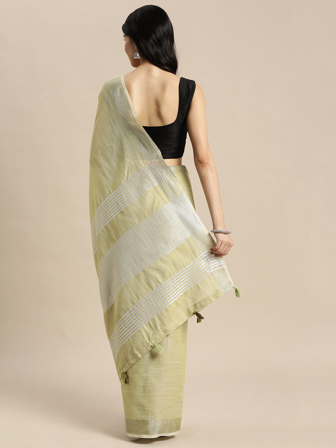 Shree Shyam Fashion Elegant Mehndi Woven Linen Saree with Contrast Zari Border & Tassels - Soft & Breathable Party Wear
