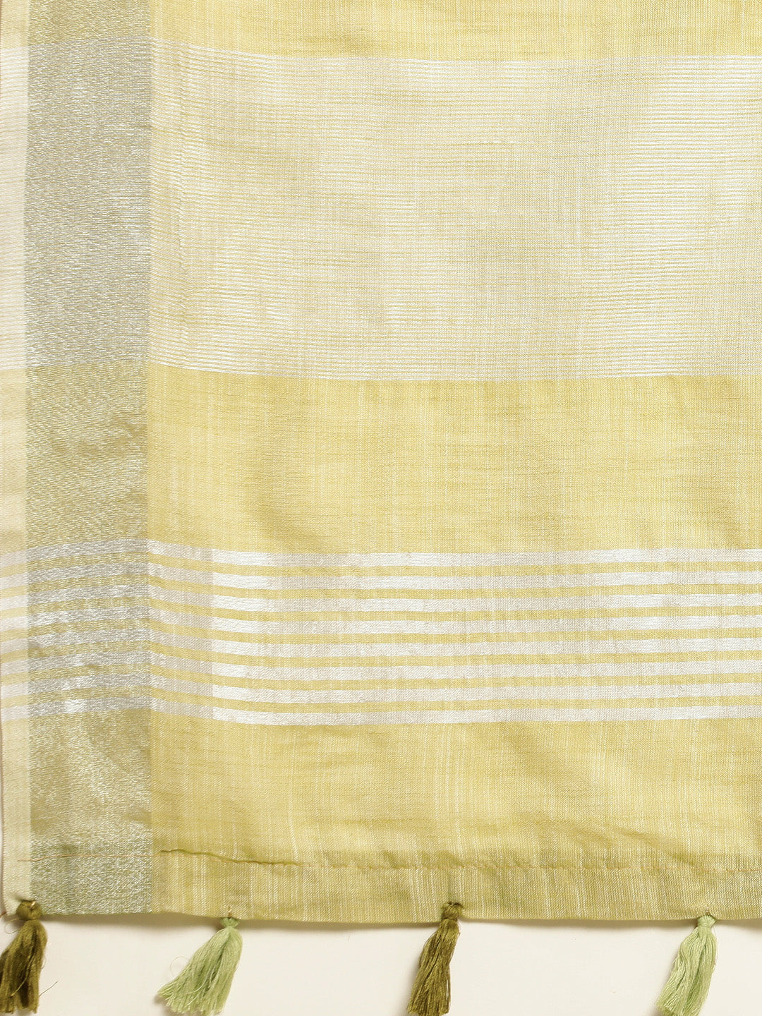 Shree Shyam Fashion Elegant Mehndi Woven Linen Saree with Contrast Zari Border & Tassels - Soft & Breathable Party Wear