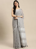 Shree Shyam Fashion Elegant Grey Woven Linen Saree with Contrast Zari Border & Tassels - Soft & Breathable Party Wear