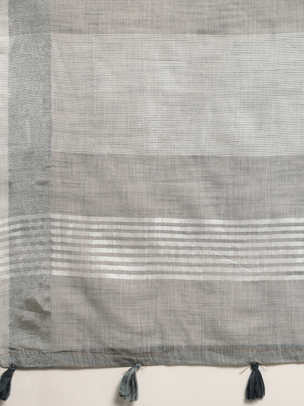 Shree Shyam Fashion Elegant Grey Woven Linen Saree with Contrast Zari Border & Tassels - Soft & Breathable Party Wear